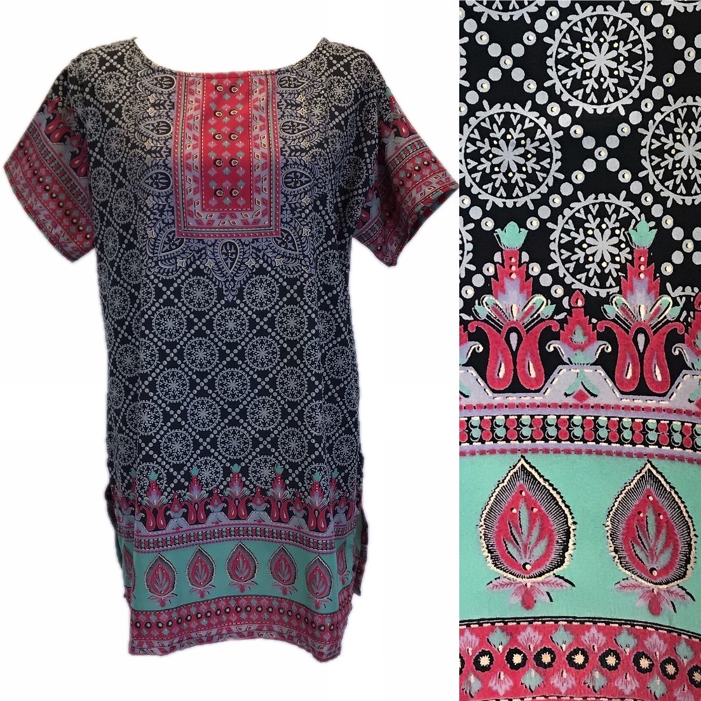 NWOT Black/Red/Green Silky Tunic Top